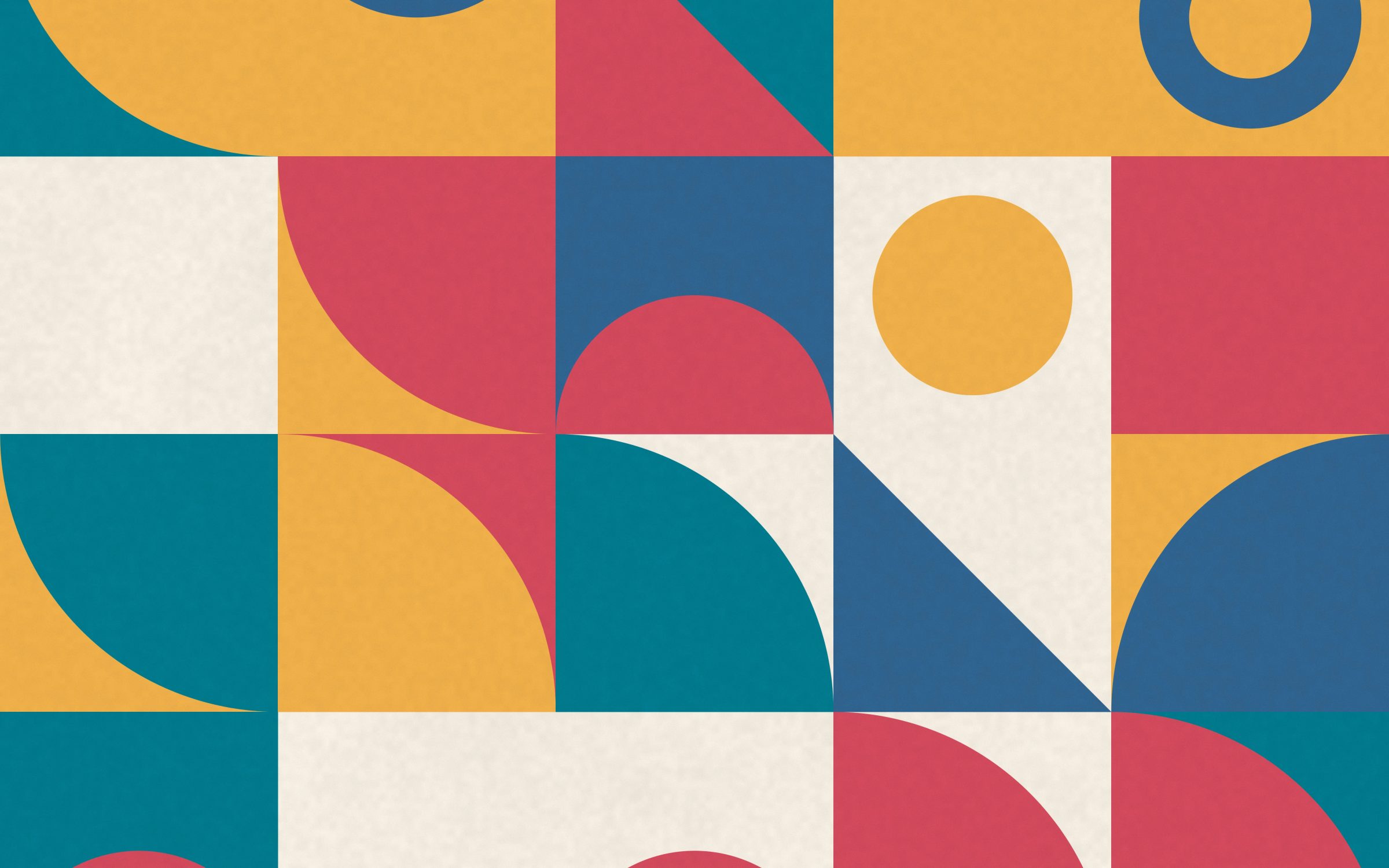 Mid Century Tiles: red, mustard, teal and blue quarter circles, discs and stripes fill a wide grid of tiles on warm off-white paper, Mac wallpaper