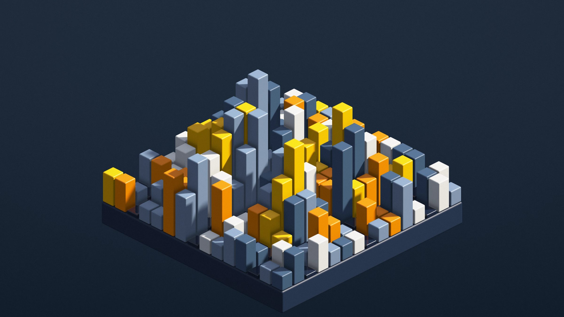 Midnight Cube City: slate blue, grey and white towers with amber and orange blocks crowd a floating base against a deep navy night sky, PC wallpaper