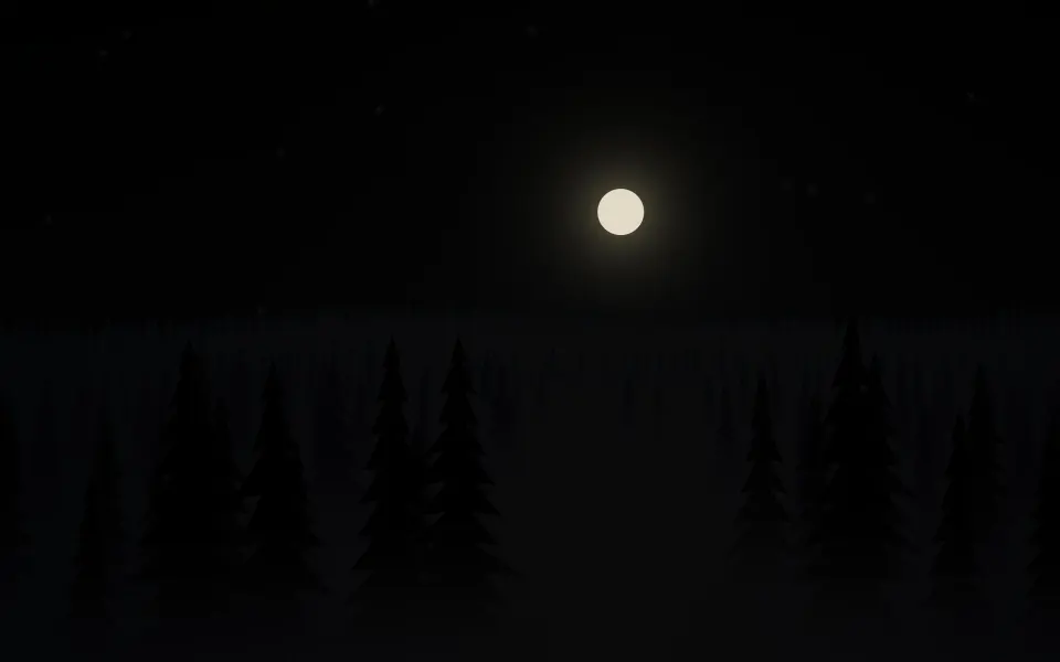 Midnight Fir Ridge: black fir trees fade into dim mist beneath a small warm moon and scattered stars, a calm night forest that stays almost black, Mac wallpaper