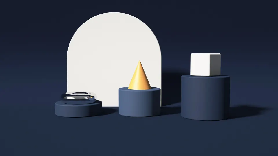 Midnight Product Stage: dark navy pedestals carry amber and silver shapes, one polished like chrome, in front of a shadowy arch on a night blue stage, PC wallpaper