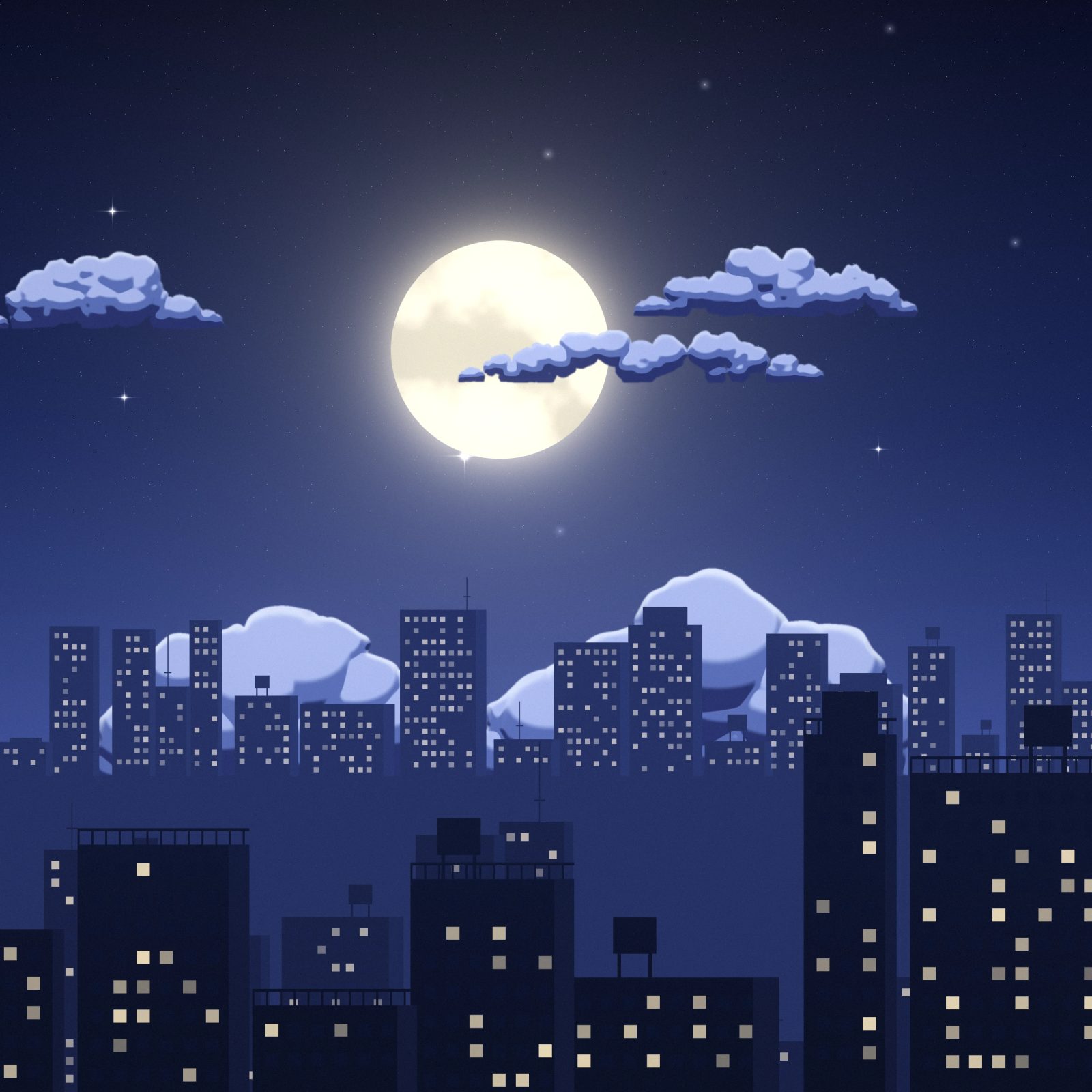 Midnight Skyline Moon: lit windows dot dark apartment blocks under a full moon, small blue clouds drifting through a sky full of stars, iPad wallpaper