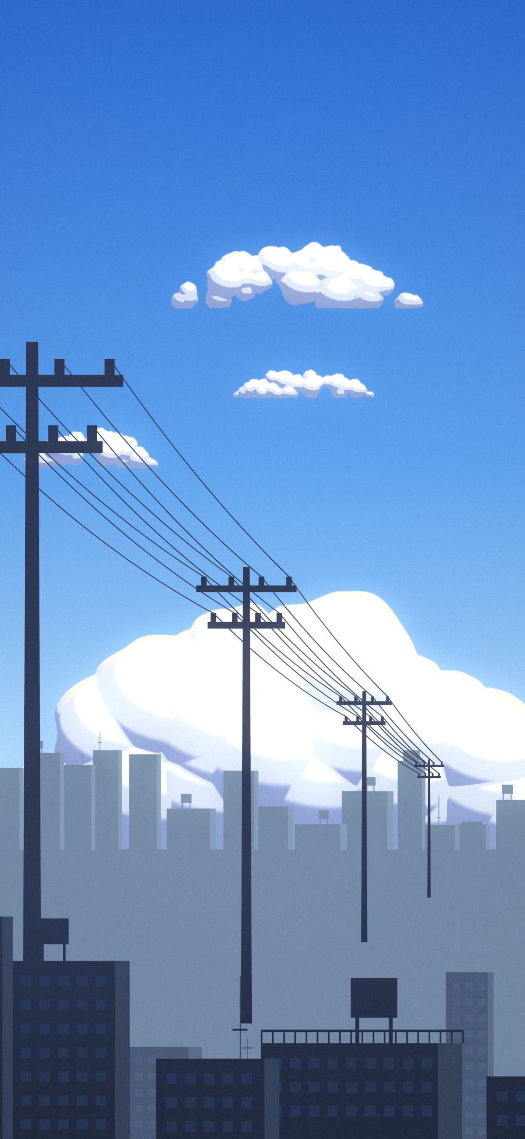 Midsummer Town Sky: a towering white cloud fills a deep blue summer sky above a quiet town of apartment blocks, crossed by sagging power lines, iPhone wallpaper