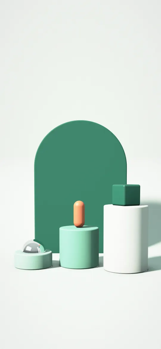 Mint Arch Display: mint green plinths carry a chrome form and coral shapes before a deep green arch, lit softly in a fresh mint studio, iPhone wallpaper