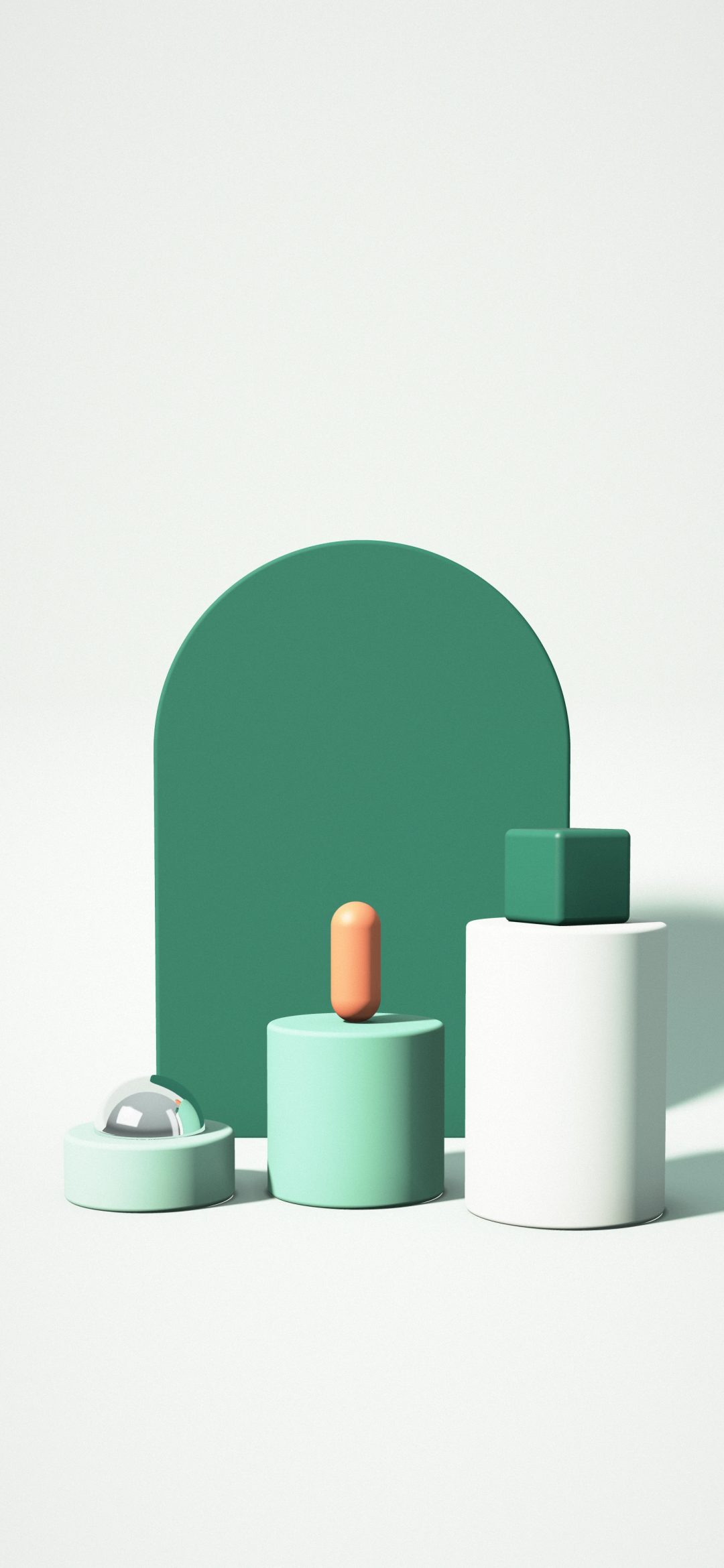 Mint Arch Display: mint green plinths carry a chrome form and coral shapes before a deep green arch, lit softly in a fresh mint studio, iPhone wallpaper