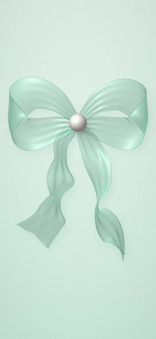 Mint Bow with a Pearl: a sheer mint chiffon bow with a pearl at its centre and flowing tails on pale mint, iPhone wallpaper