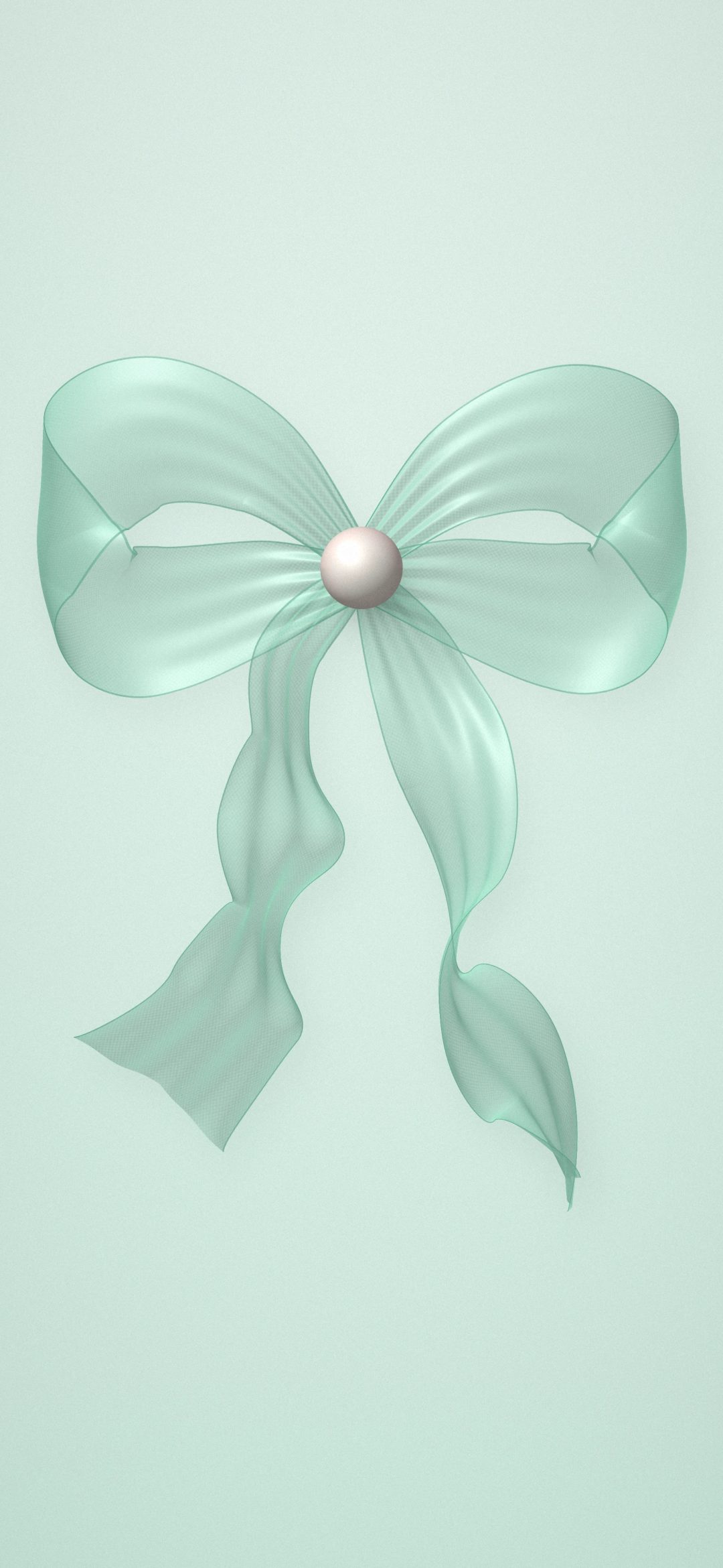 Mint Bow with a Pearl: a sheer mint chiffon bow with a pearl at its centre and flowing tails on pale mint, iPhone wallpaper