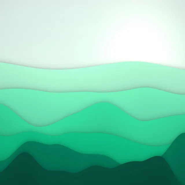Mint Meadow Hills: fresh mint and emerald hills roll beneath a bright sky in clean, layered shapes with gentle shadows, iPad wallpaper