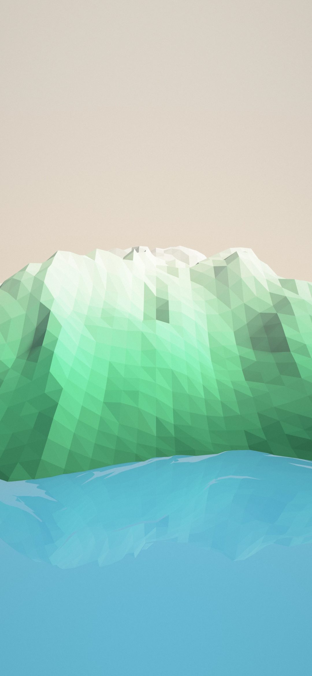 Mint Polygon Mountains: low poly mountains in emerald and mint with white tops rise over a teal lake, below a wide calm sky for the clock, iPhone wallpaper