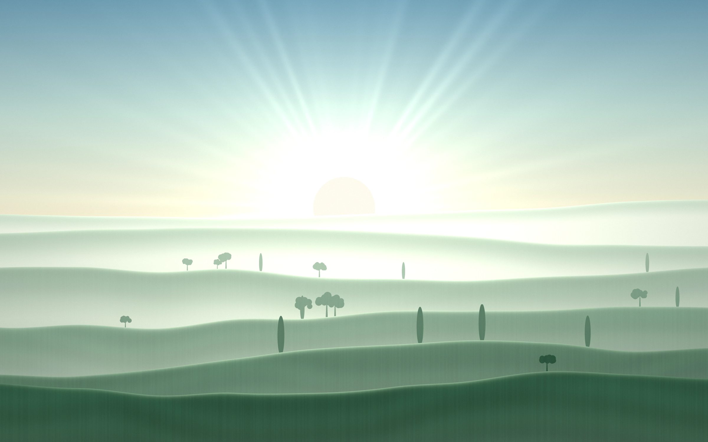 Mint Valley Dawn: fresh mint and sage hills roll across a wide valley at dawn, mist lying in the hollows below a pale, clear sky, Mac wallpaper