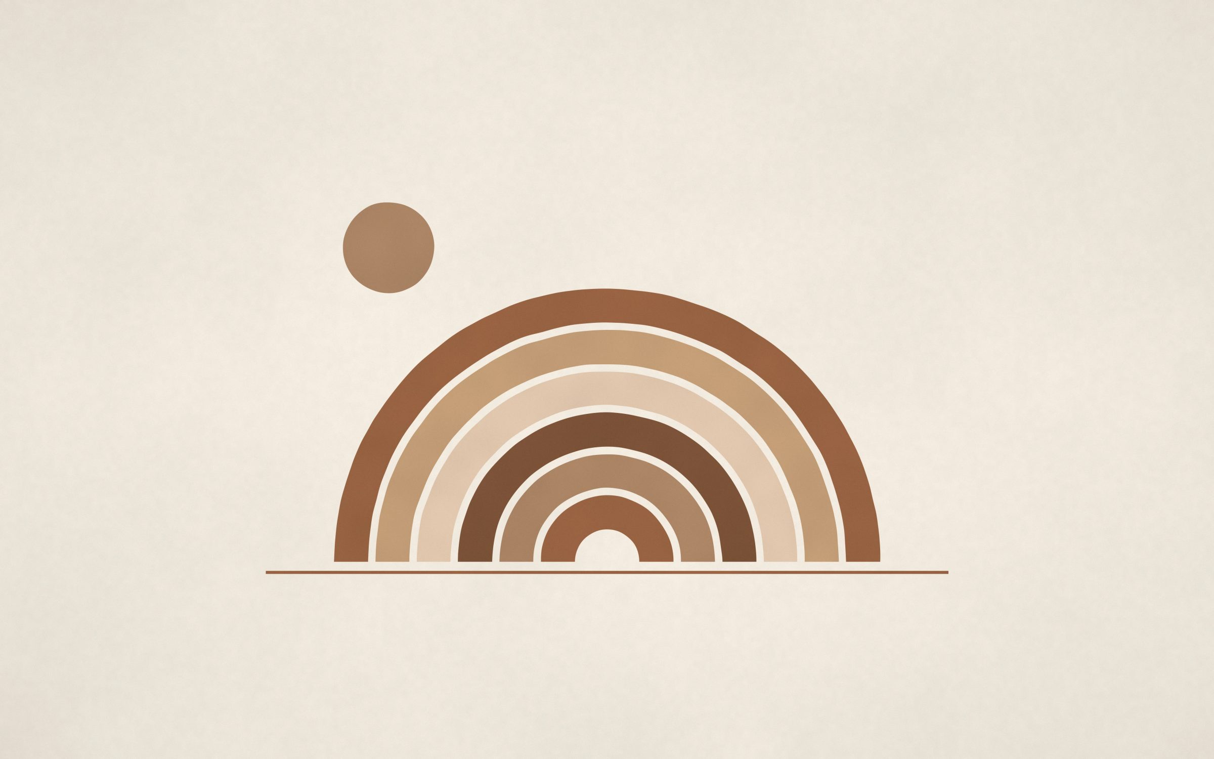 Mocha Rainbow Arches: six arches in mocha, caramel and sand nest together on warm paper, a calm neutral rainbow beside a small round sun, Mac wallpaper