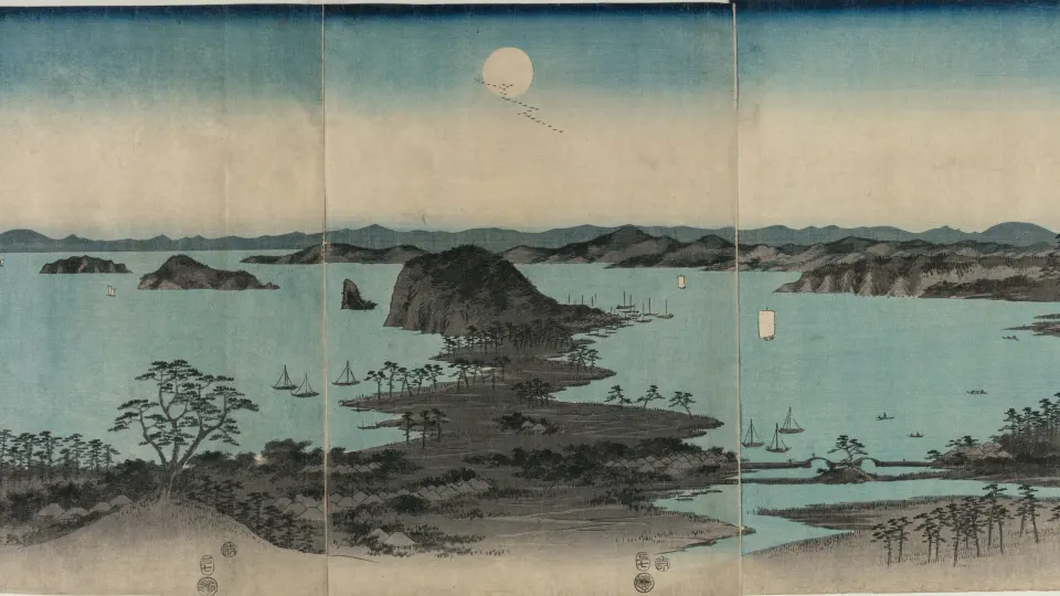 Full moon over a calm bay with small pine islands and boats