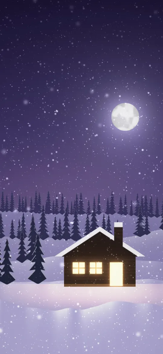 Moonlit Cabin Night: a full moon rises over violet snow hills where a log cabin with a snowy roof glows amber among dark pines while gentle snow falls, iPhone wallpaper