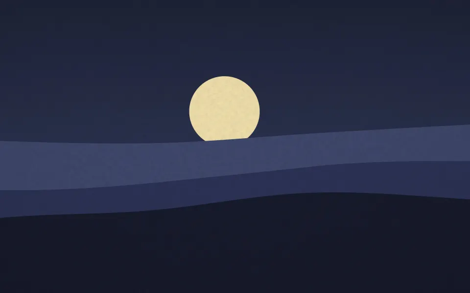 Moonlit Indigo Hills: a creamy full moon rises over layered indigo hills in a calm, flat print style, with fine grain across the night sky, Mac wallpaper
