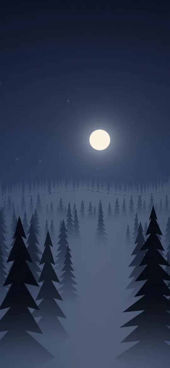 Moonlit Pine Hollow: a full moon hangs over rows of fir trees fading into blue night mist, with faint stars scattered across the dark sky above, iPhone wallpaper