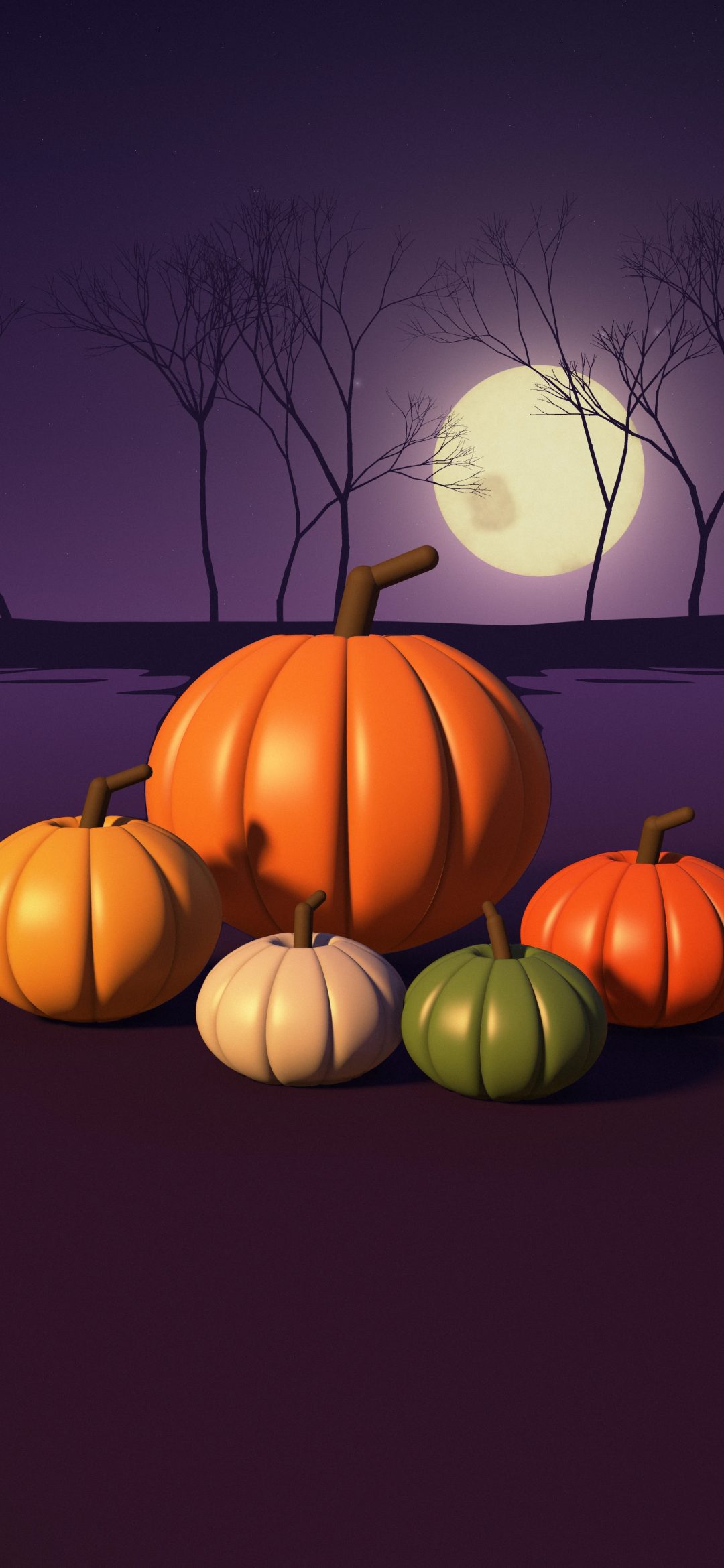 Moonlit Pumpkin Patch: ribbed orange pumpkins, a pale squash and a green gourd sit on dark ground under a full moon, with bare trees on the purple horizon, iPhone wallpaper