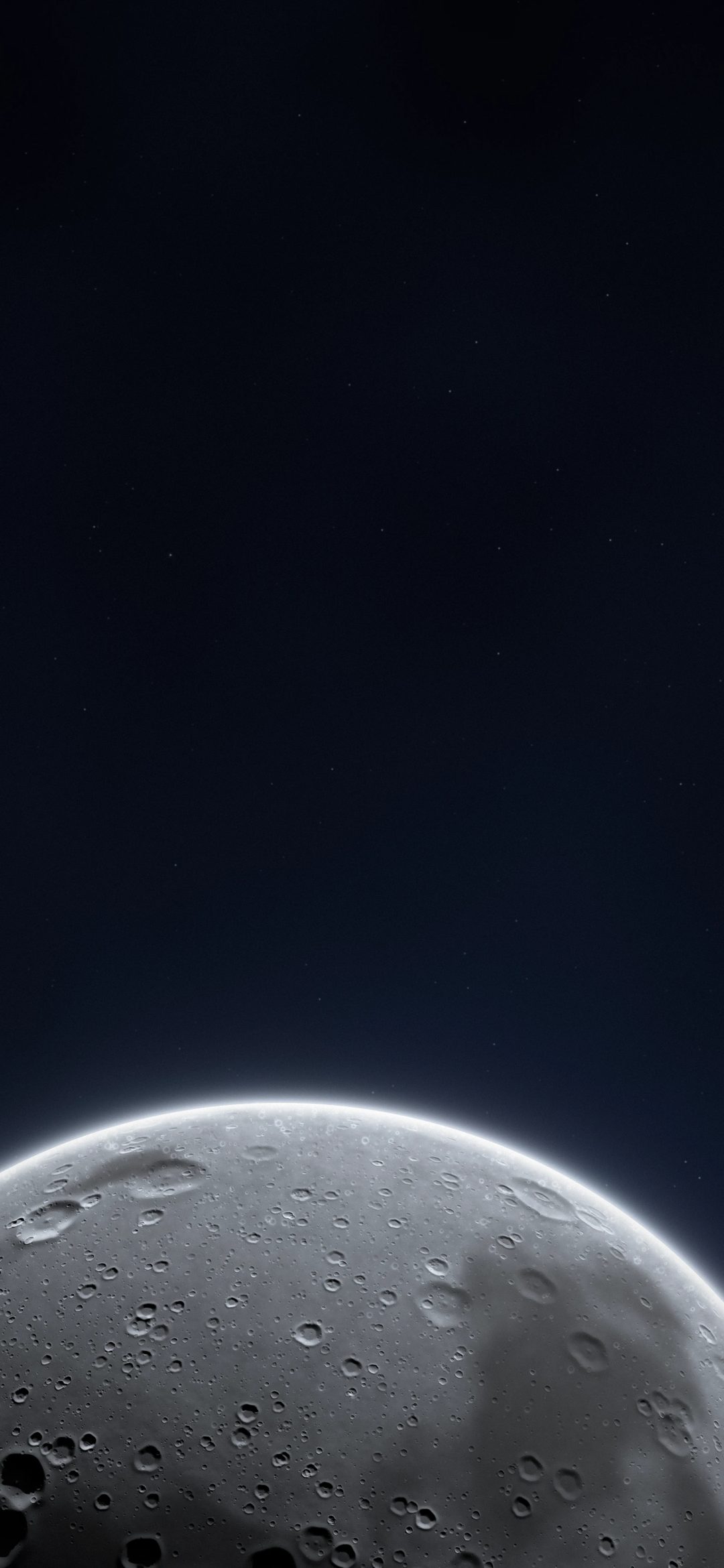 Moonrise from Below: the top of a giant cratered moon rises from the bottom of a dark starry sky, iPhone wallpaper
