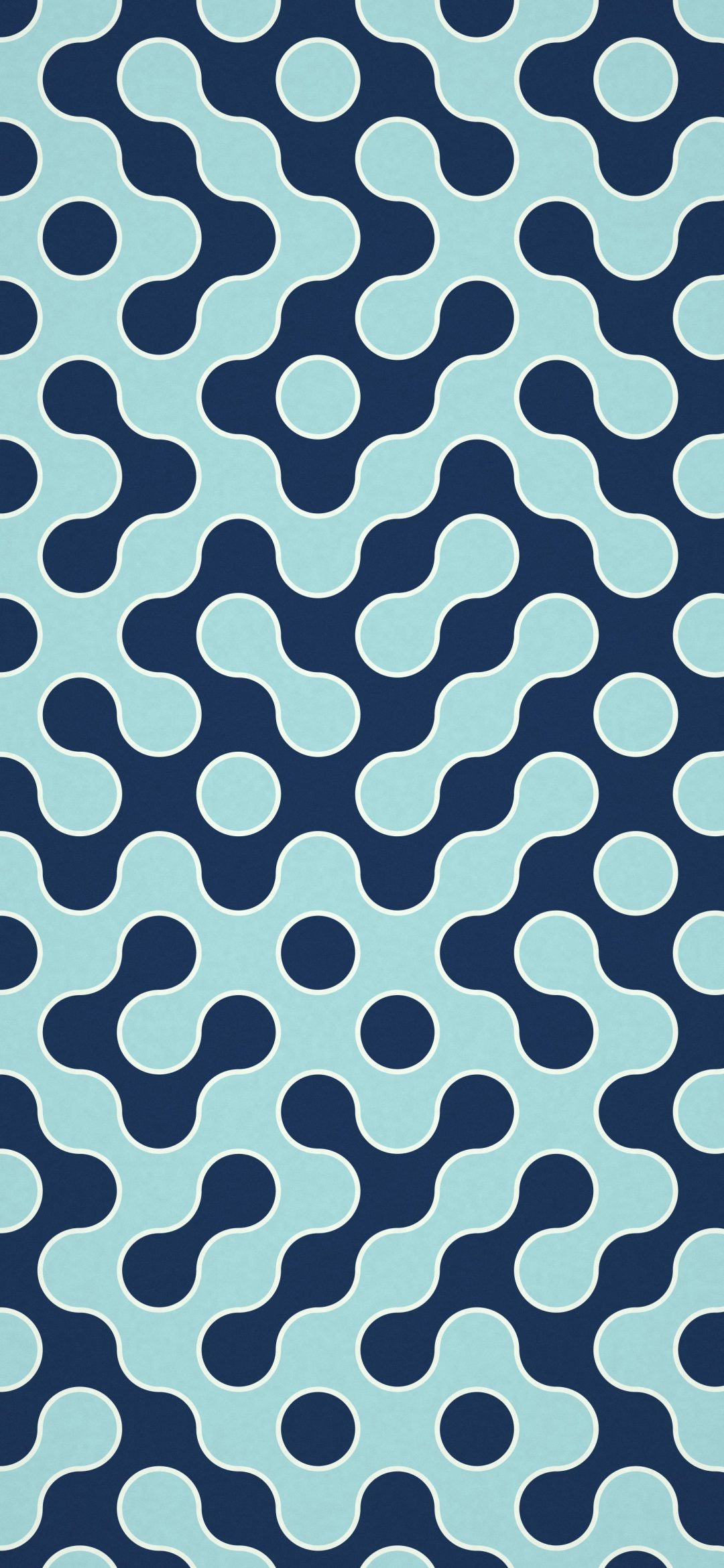 Navy Maze Curves: interlocking navy and pale aqua curves wind across the screen in an endless maze built from simple quarter circles, iPhone wallpaper