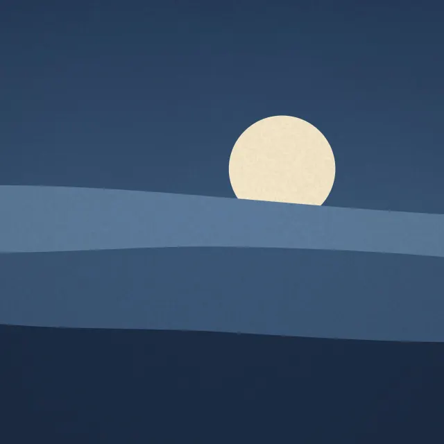 Navy Moonrise Print: a pale moon rises over layered navy hills in a flat screen-print style, quiet and cool with a fine paper grain, iPad wallpaper
