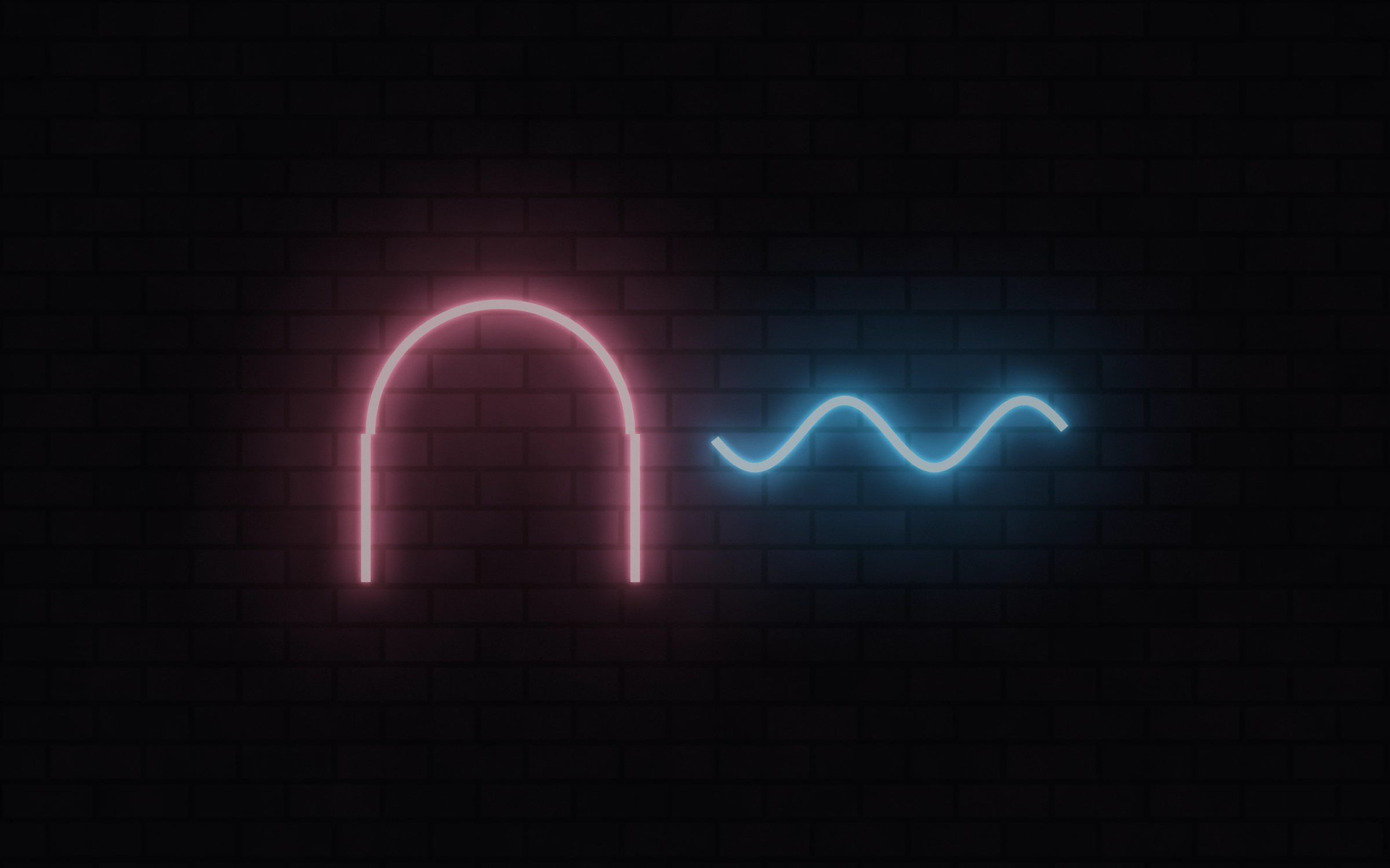 Neon Arch And Wave: a coral neon arch and a blue wave sign glow side by side on a dark brick wall, casting soft coloured light across it, Mac wallpaper