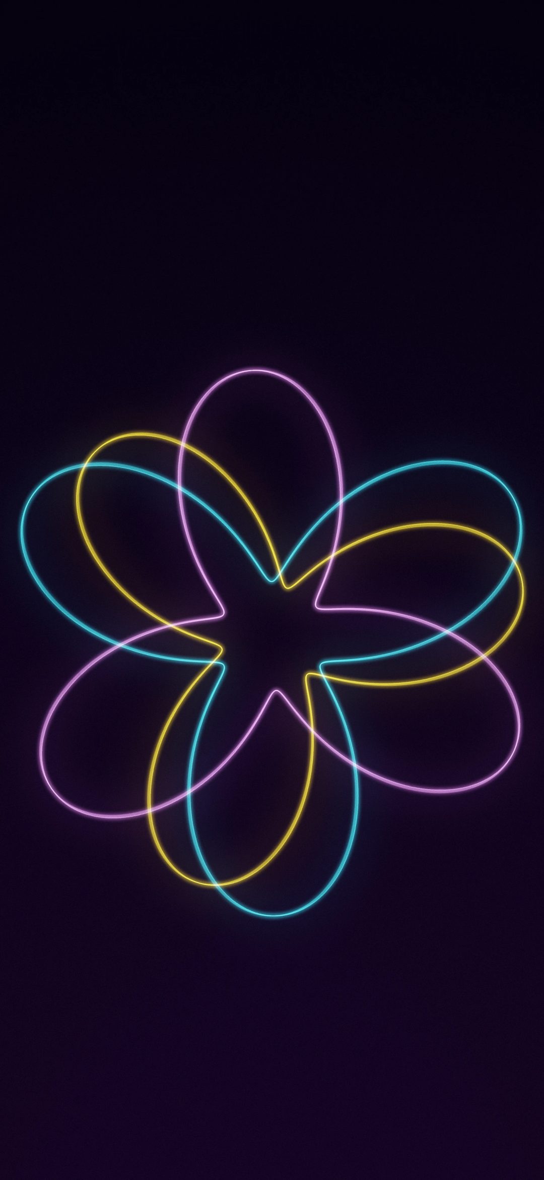 Neon Bloom Spiral: loops of cyan, magenta and yellow light trace a glowing flower on a dark violet background, like long-exposure light painting, iPhone wallpaper