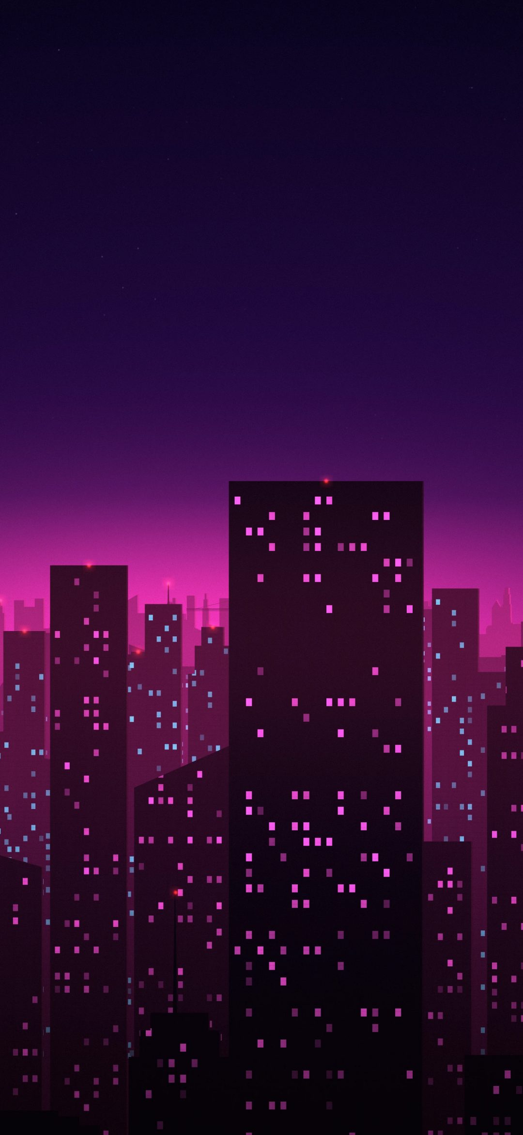Neon Magenta City: tall towers glow under a magenta neon haze in a deep purple night sky, iPhone wallpaper