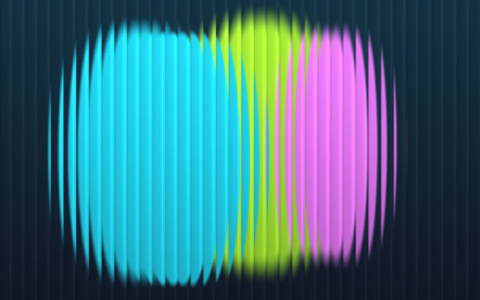 Neon Ribbed Panel: cyan, lime and pink glows sit behind dark fluted glass, each rib splitting them into a row of soft neon stripes, Mac wallpaper