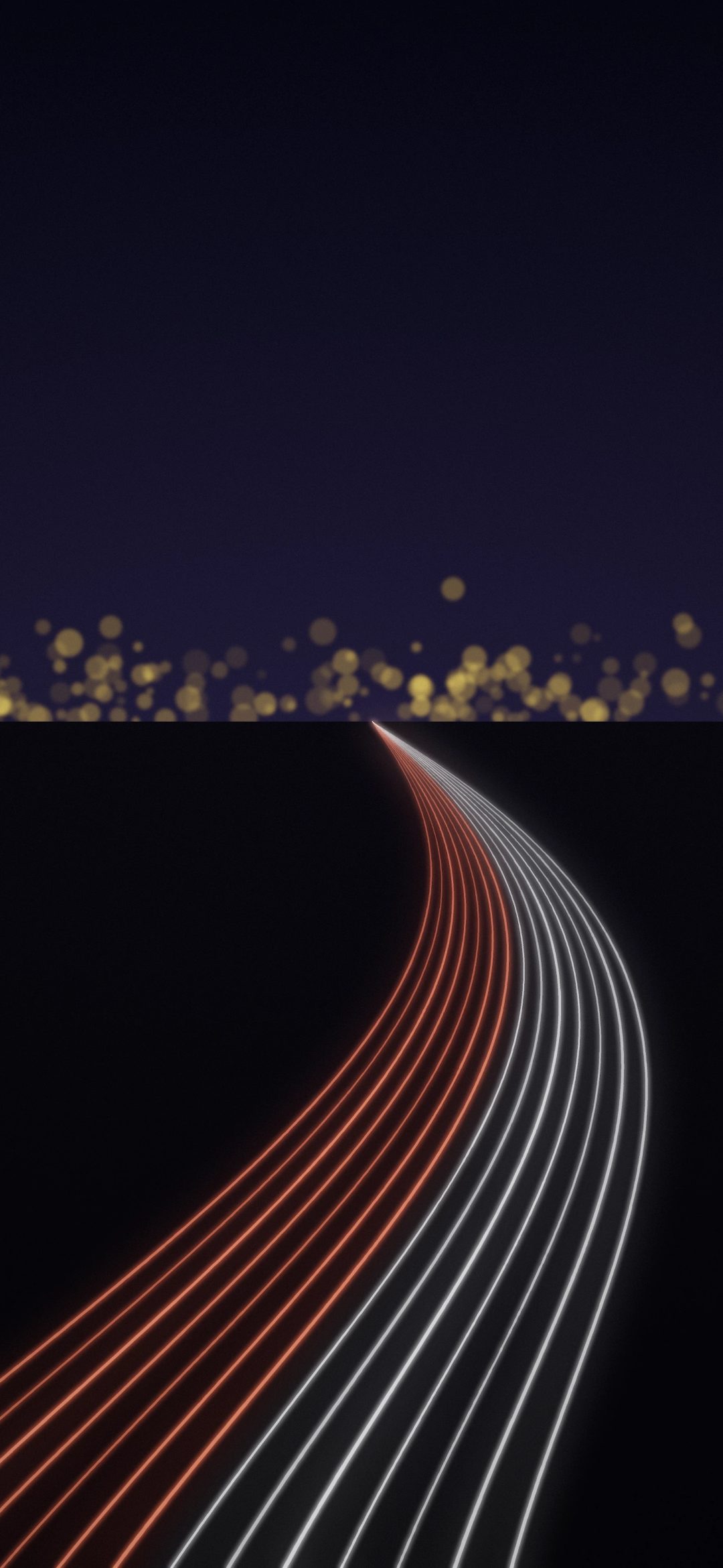 Night Highway Trails: red tail lights and white headlights streak along a curving highway at night, city lights glowing softly on the horizon, iPhone wallpaper