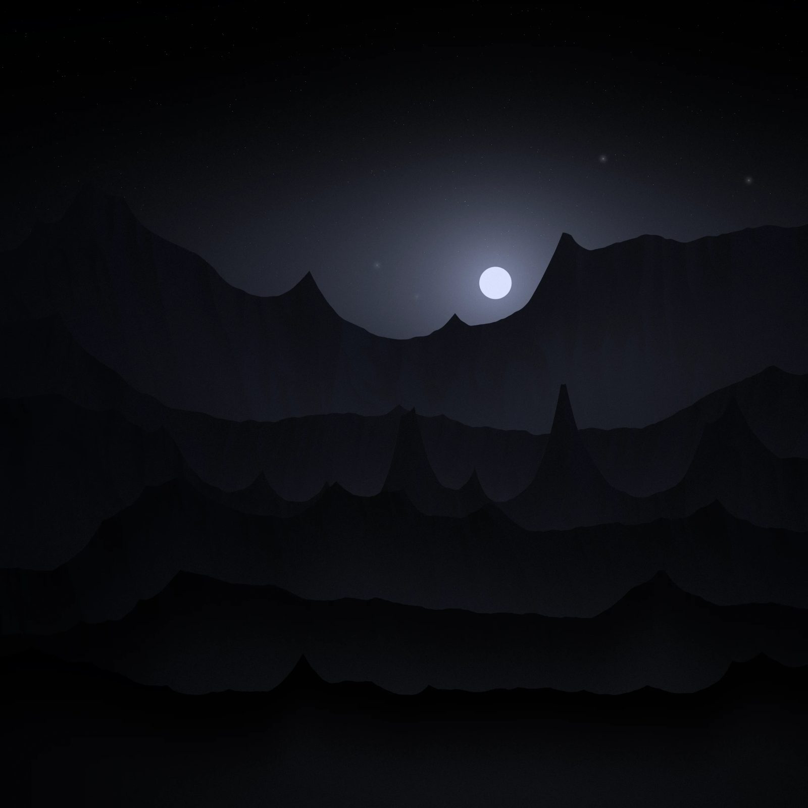 Night Range Silhouette: black mountain ranges fade back into faint blue night mist under scattered stars, a tiny moon resting above the far ridge, iPad wallpaper