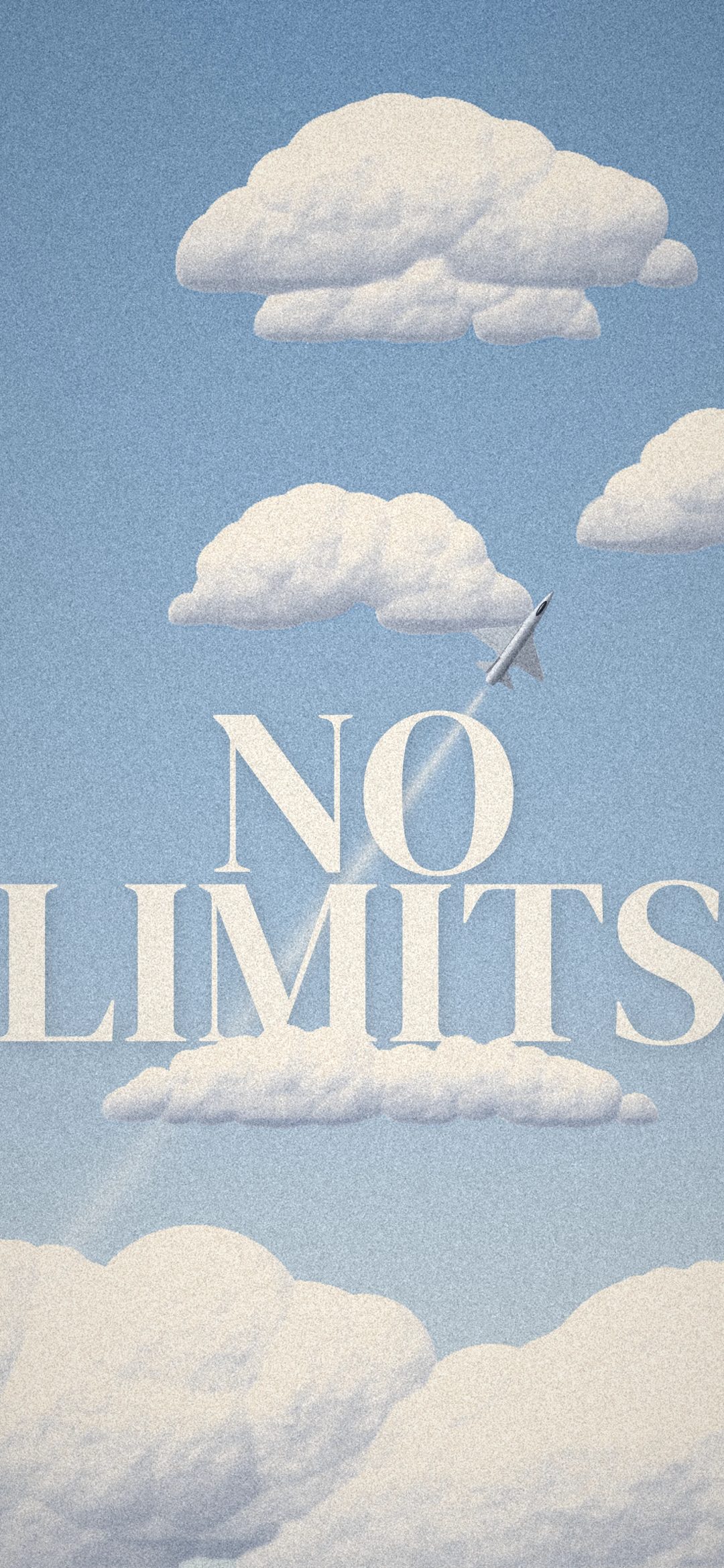 No Limits Cloud Sky: big white serif words NO LIMITS float in a faded blue sky full of soft clouds while a small jet flies through, iPhone wallpaper