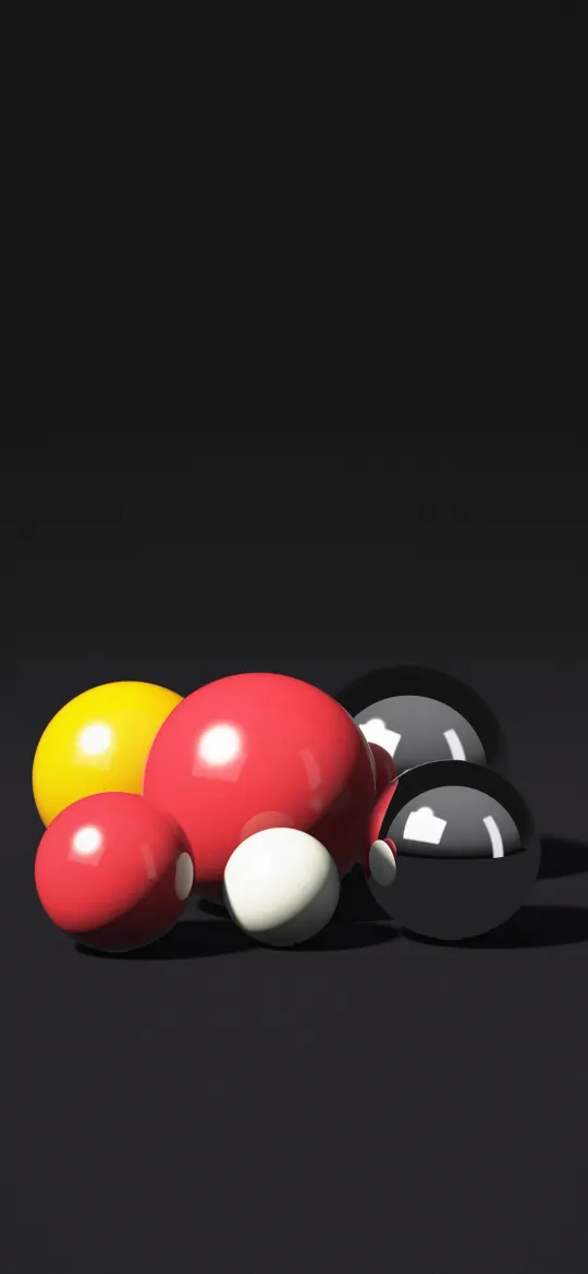 Noir Gloss Spheres: red, white and amber glossy balls and two mirror chrome spheres sit on a near-black floor, catching sharp studio highlights, iPhone wallpaper