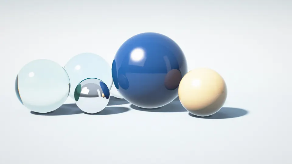 Ocean Glass Pearls: clear glass spheres tinted aqua and blue bend the light beside glossy navy, teal and peach balls on a pale blue studio floor, PC wallpaper