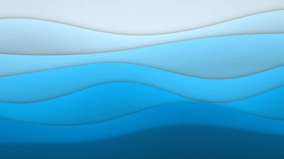 Ocean Paper Waves: sky blue to deep ocean bands curve across the screen like layers of paper waves catching the light, PC wallpaper