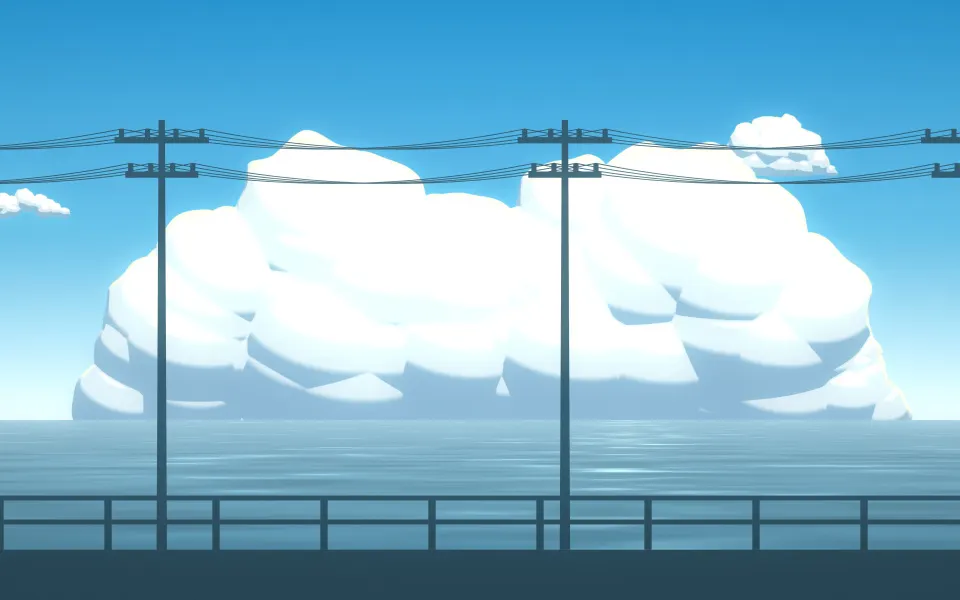 Ocean Road Cumulus: bright white cumulus clouds rise over a sparkling cyan sea, a coastal road lined with power poles running along the shore, Mac wallpaper