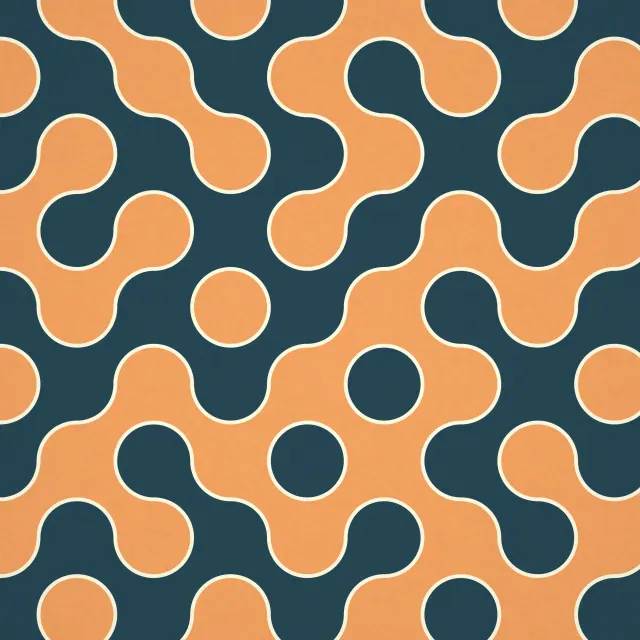 Ochre Ink Labyrinth: big quarter-circle tiles join into a winding labyrinth of ochre and deep teal paths, outlined in thin cream lines, iPad wallpaper