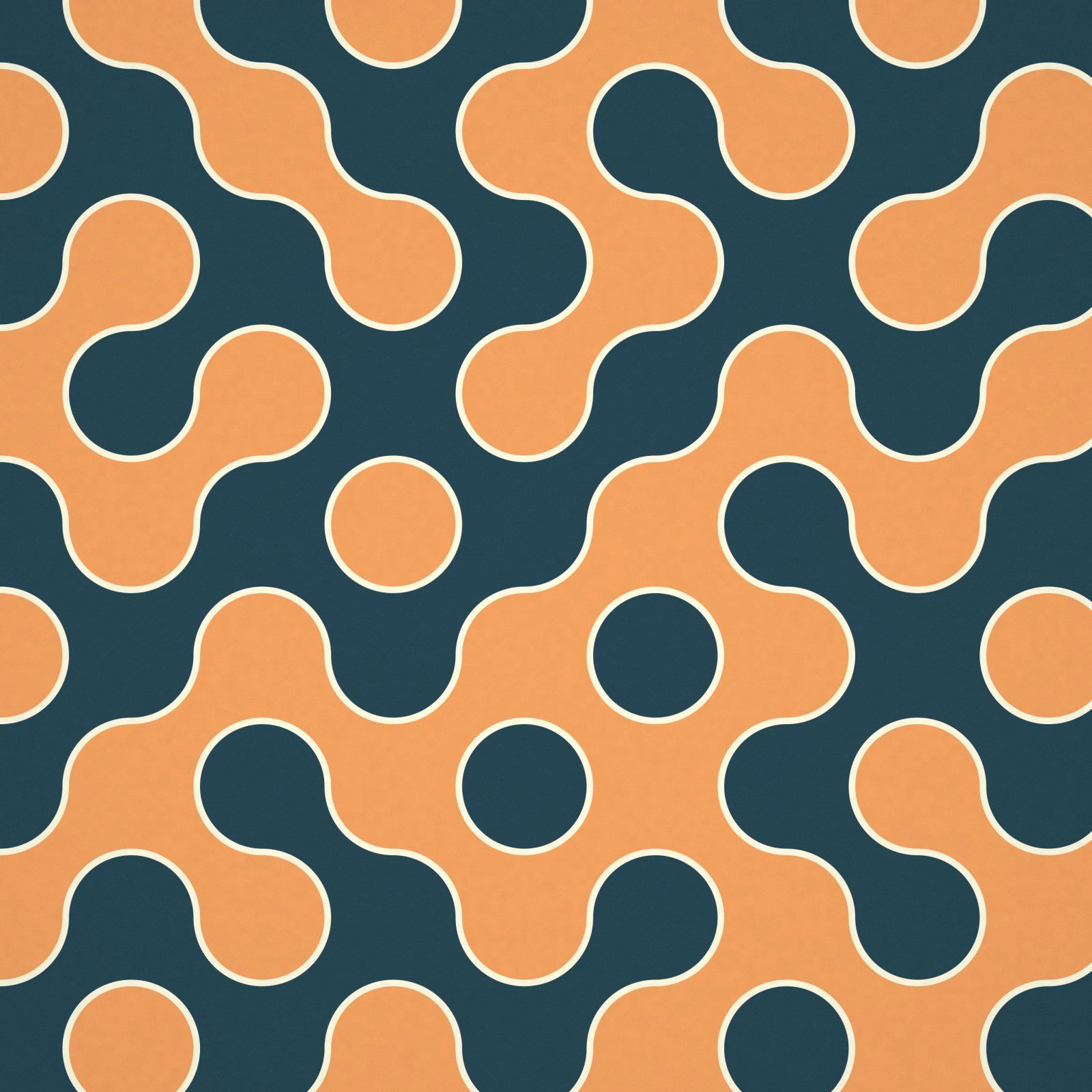 Ochre Ink Labyrinth: big quarter-circle tiles join into a winding labyrinth of ochre and deep teal paths, outlined in thin cream lines, iPad wallpaper