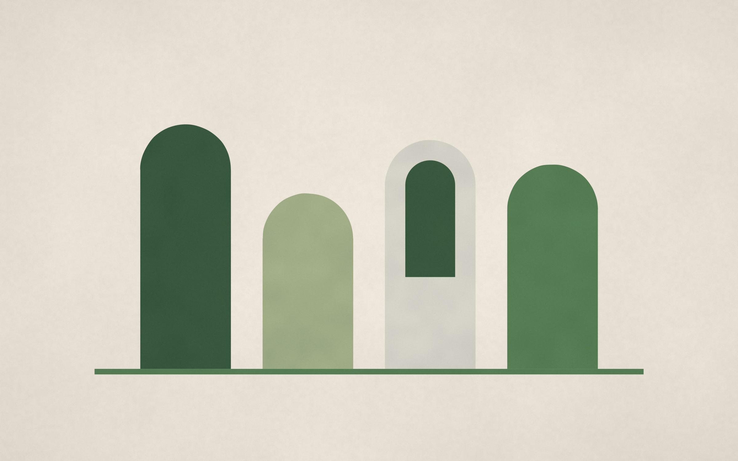 Olive Archway Row: four arched doorways in forest green, olive and stone line up on a cream background, simple, calm and balanced, Mac wallpaper