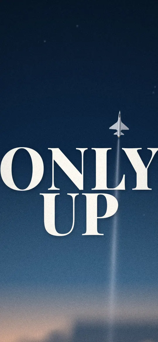Only Up Dusk Climb: big white serif words ONLY UP sit in a deep blue dusk sky as a jet climbs straight up, iPhone wallpaper