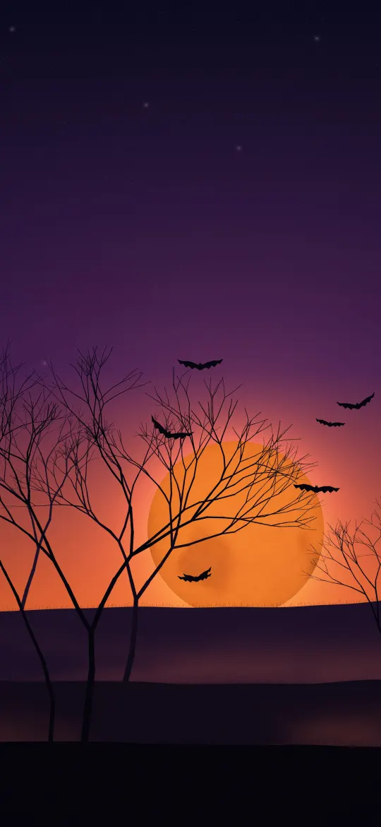 Orange Horizon Bats: a glowing tangerine sun disc rests on a fiery orange horizon behind dark rolling hills and bare trees while bats cross the purple sky, iPhone wallpaper