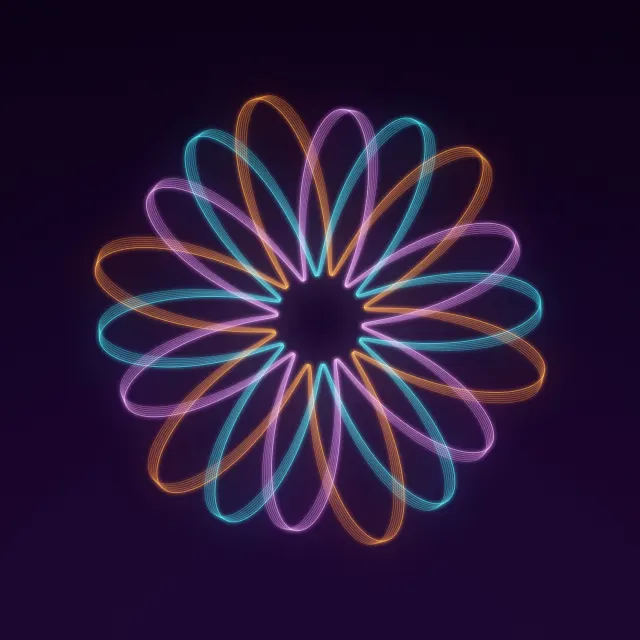 Orbital Light Painting: bright orange, cyan and pink light loops overlap in a spinning flower pattern, drawn as if by a moving light at night, iPad wallpaper