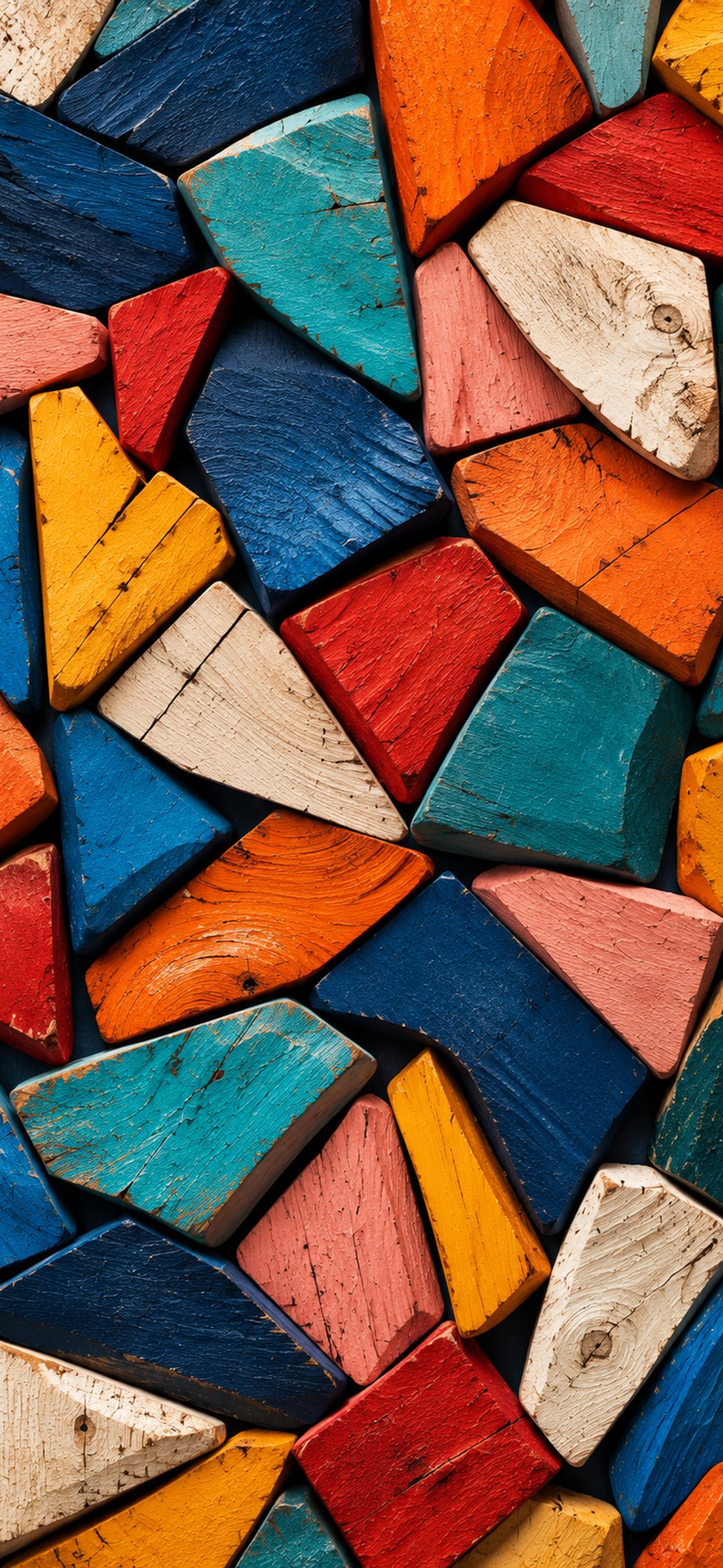 Colourful painted wooden blocks in blue, red, orange, yellow and teal