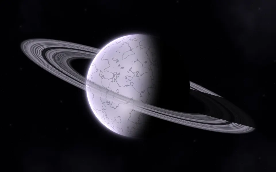 Pale Frost Rings: a frosted lilac ice world sits within faint pale rings, cracks in its frozen surface catching the cold light of a distant sun, Mac wallpaper