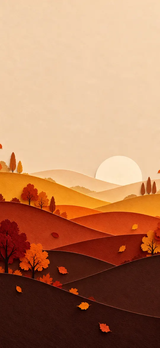 Layered autumn paper hills with orange trees and falling leaves