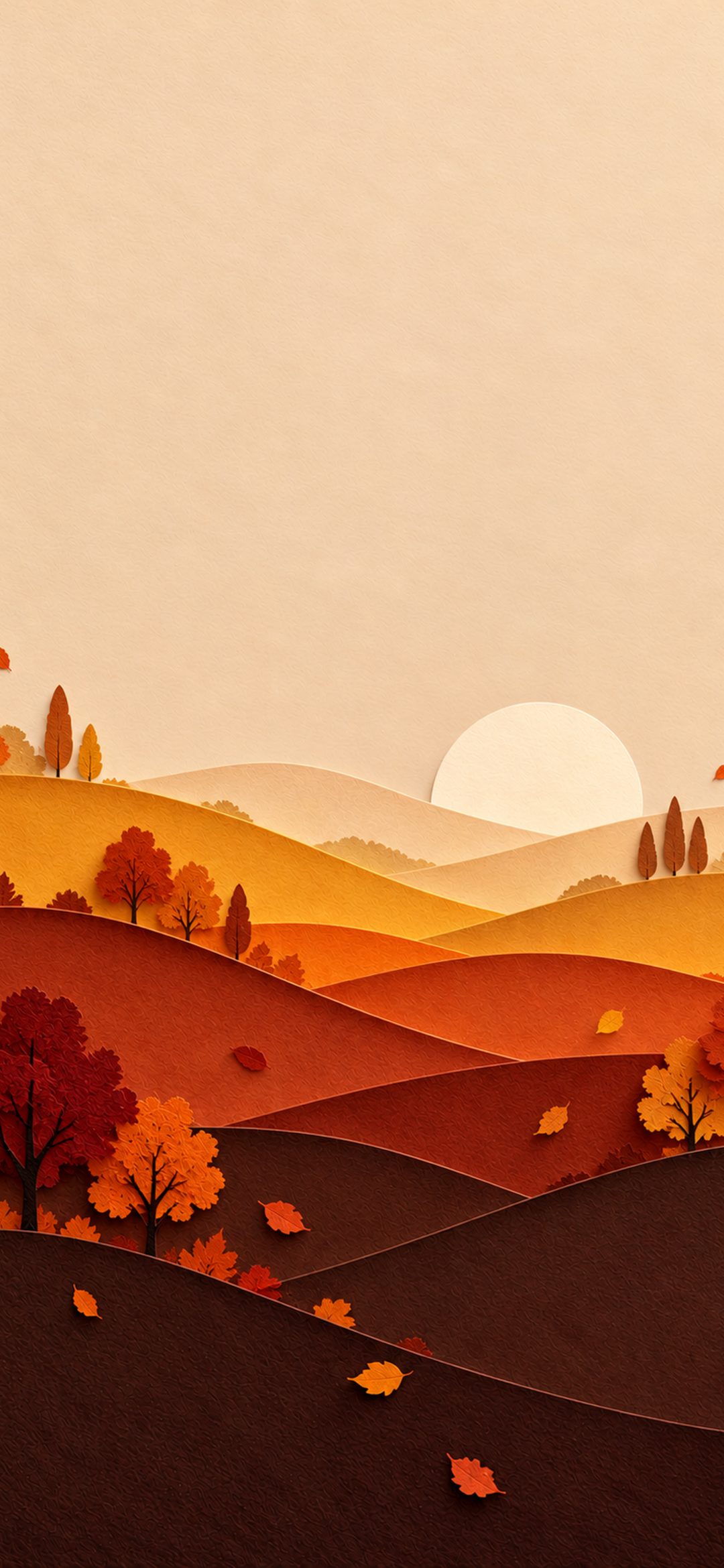 Layered autumn paper hills with orange trees and falling leaves