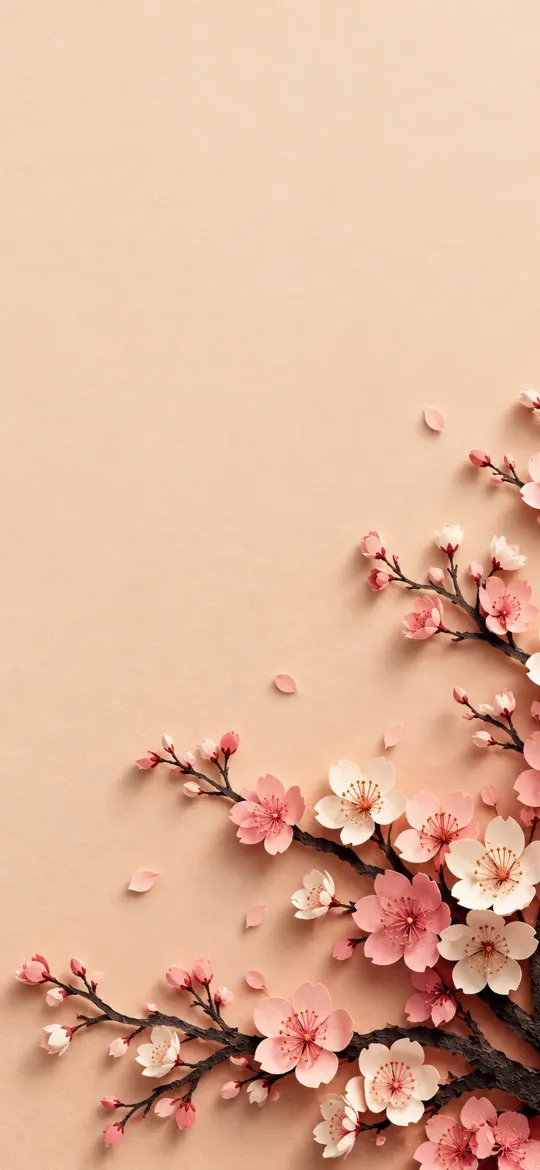 Pink and white paper-cut cherry blossom branches on peach paper