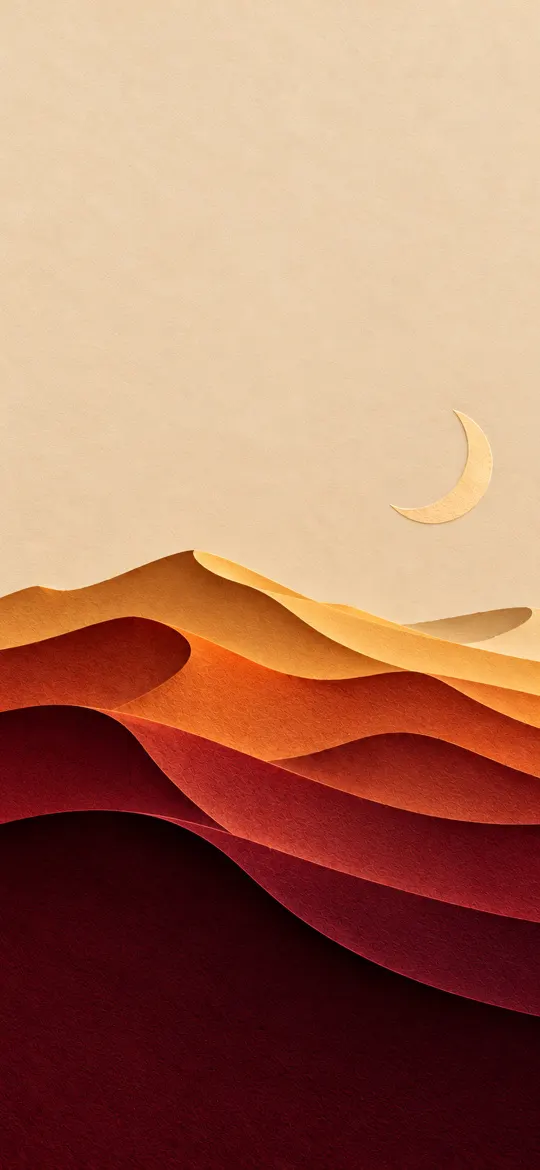 Layered burgundy and golden desert dunes in paper-cut style