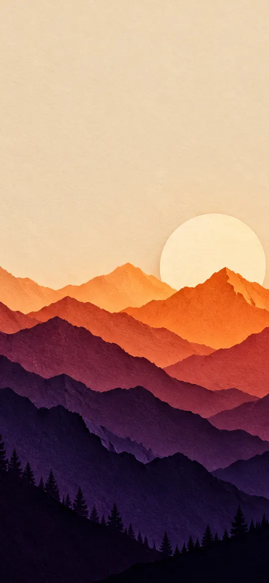Layered paper-cut pine forests and misty green mountain ridges