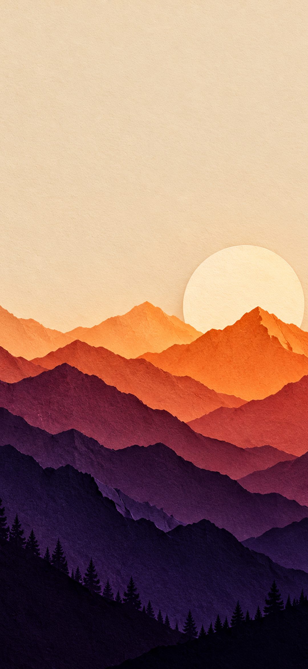 Layered paper-cut pine forests and misty green mountain ridges