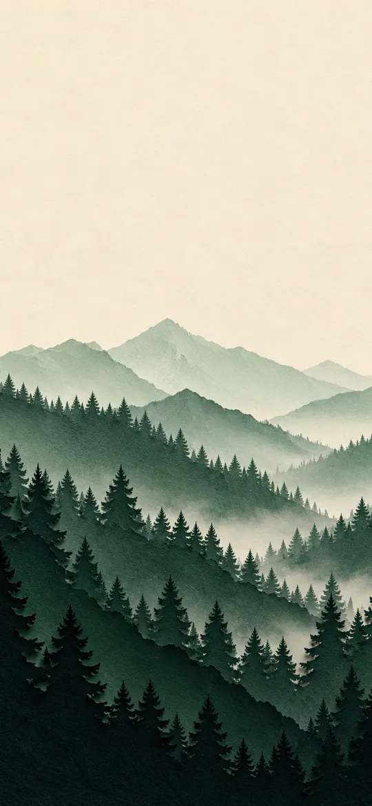 Paper-cut mountain ridges in purple and orange beneath a pale sunset