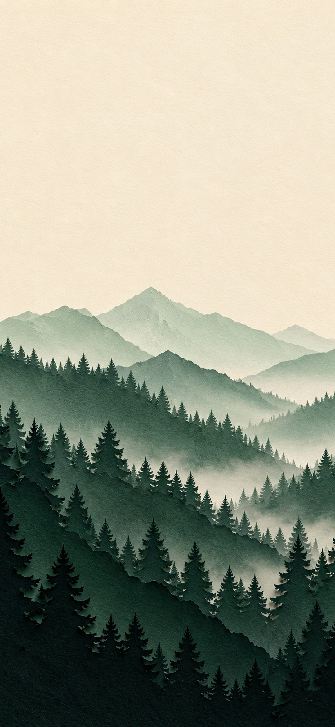 Paper-cut mountain ridges in purple and orange beneath a pale sunset