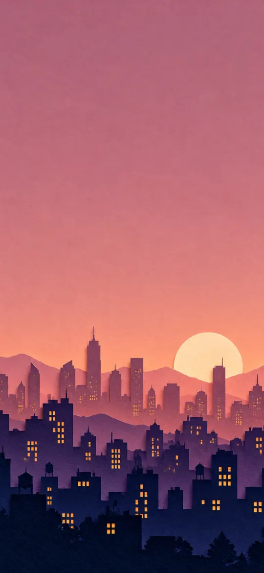 Layered indigo city skyline with warm glowing windows